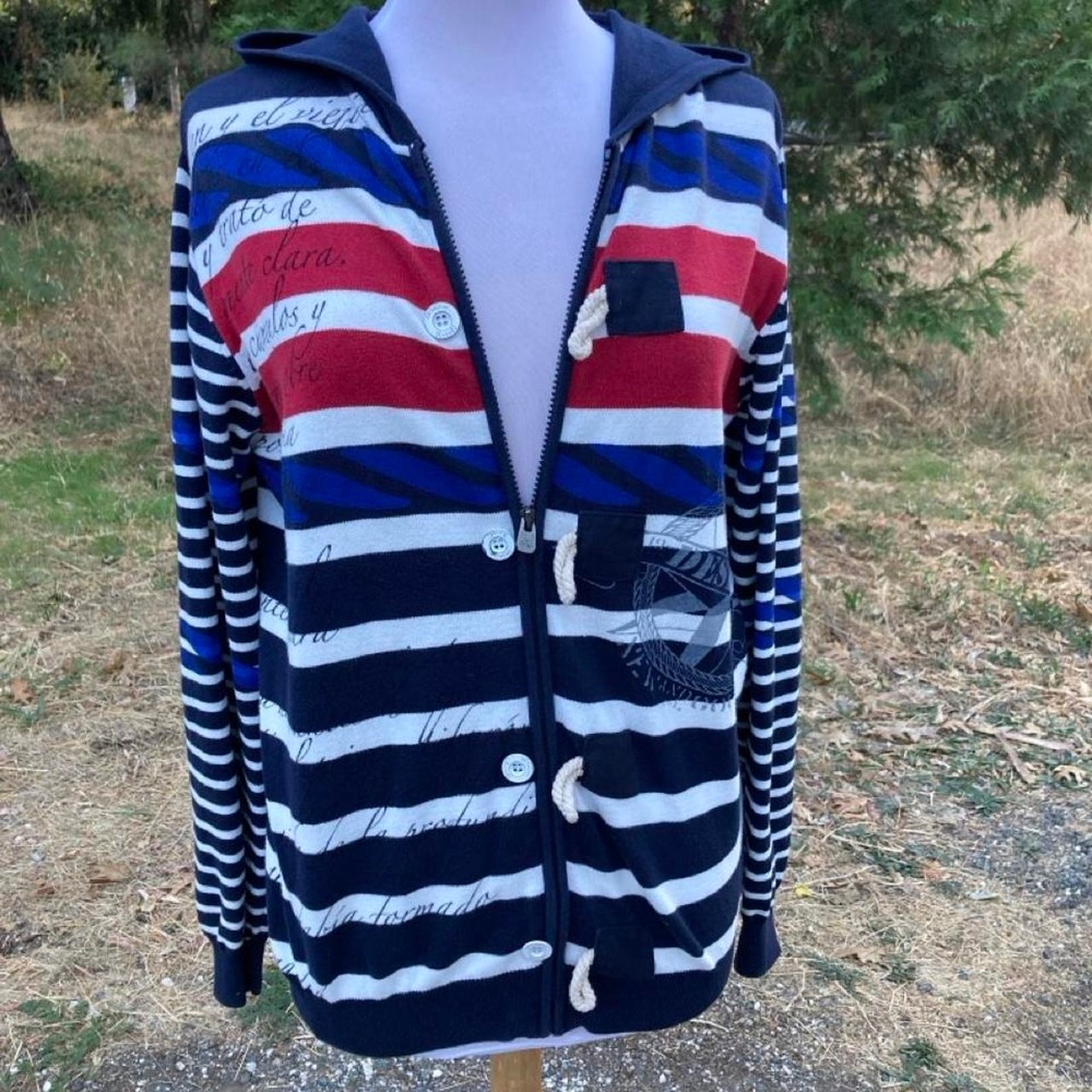 Desigual sailor hoodie in navy, white, and red nautical vibe fisherman coastal